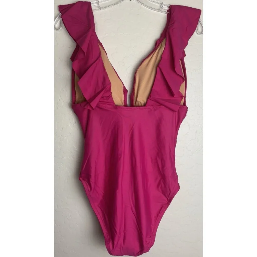 NEW J.‎ Crew Ruched Deep V Plunge Ruffle One Piece Swimsuit Sz 12 Pink 1462